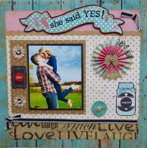 She said YES! - Scrapbook.com Bridal Shower Scrapbook Layouts Ideas, Proposal Scrapbook Pages, Scrapbook Layout Of Wedding Proposal With Ring, Scrapbook Engagement Layouts, Engagement Scrapbook, Wedding Dance Scrapbook Layouts, Brides Flowers, Scrapbook Wedding, She Said Yes