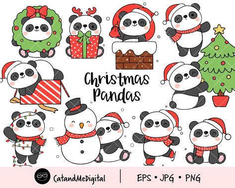 Panda Christmas Cards, Panda Clipart, Christmas Ornament Template, Clipart Animals, Bear Clipart, Winter Clipart, Kawaii Christmas, Clipart Christmas, Dessin Adorable