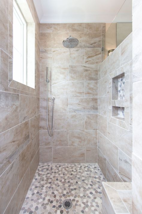 Doorless Showers Walk In Master Bath With Half Wall, Walk In Shower With Privacy Wall, No Door Shower Ideas Walk In Master Bath, Master Showers Without Doors, Roman Shower Ideas, Knee Wall Shower Ideas, Walk In Shower With Half Wall And Bench, Walk In Shower No Door No Glass Ideas, Neutral Stone Bathroom