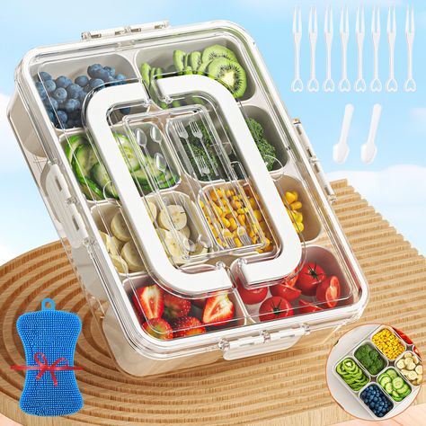 PRICES MAY VARY. 【Upgraded Portable Snack Box Container】: Upgraded snack box container with lid and handle, has added a small storage box on the lid specifically for holding the small spoons and forks (8pcs plastic forks and 2pcs plastic spoons are included). Clear lid with sealing silicone-ring, can effectively keep food dry and fresh in the box and doesn’t leak. Collapsible carrying handle makes this travel snackle box container easily portable and convenient, making it ideal for on-the-go sna Vegetable Salad Ingredients, Picnic Fruit, Snack Organizer, Small Storage Boxes, Portable Snacks, Snack Platter, Picnic Essentials, Nut Snacks, Functional Food