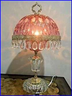 Vintage Michelotti Crystal Glass Prism Boudoir Parlor Table Lamp Pink Walk In Closet Vanity, Parlor Table, Glass Prism, Lamp Pink, Victorian Parlor, Brass Wall Hanging, Pink Lamp, Glazed Glass, Crystal Prisms