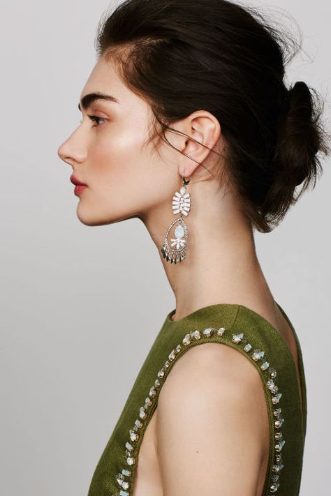 Play up an embellished top with equally dazzling earrings. Kent & King Crystal Chandelier Earrings, $24, nordstrom.com; Tory Burch 'Rachel' Embellished Linen Tabard Tank, $895, nordstrom.com Photo: Jeff Allen Female Side Profile, Side Portrait, Comic Face, Face Profile, Dazzling Earrings, Crystal Chandelier Earrings, Female Profile, Img Models, Face Expressions