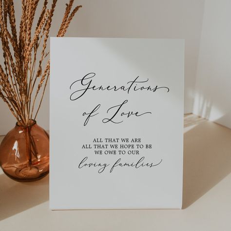 This delicate black calligraphy generations of love pedestal sign is perfect for a modern wedding. The romantic minimalist design features lovely and elegant black typography on a white background with a clean and simple look. The sign reads: generations of love all that we are all that we hope to be we owe to our loving families. Generations Of Love Wedding Display, Generations Of Love Wedding Table, Wedding Pedestal, Generations Of Love, Romantic Minimalist, Wedding Reception Signage, Modern Wedding Reception, Reception Signage, Wedding Memorial Sign