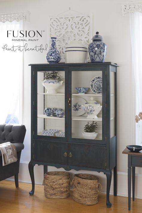 Blue China Decor, Blue China Cabinet, Muebles Shabby Chic, Painted China Cabinets, Muted Teal, Blue Painted Furniture, Embossing Paste, Homestead House, Blue White Decor