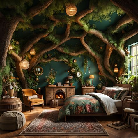 Forest Aesthetic Bedroom, Hobbit Bedroom, Hobbit Room, Bedroom Maximalist, Forest Themed Bedroom, Woodland Bedroom, Forest Bedroom, Forest Room, Maximalist Art