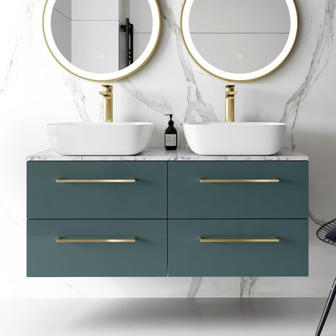 Green Vanity, Double Basin Vanity Unit, Modern Basin, Freestanding Bath Taps, Drawer Vanity, Midnight Green, Basin Vanity Unit, Bathroom Units, White Shower