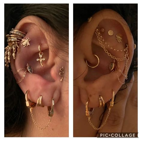 Maria Tash Spike Earrings, Ear Curation Themes, Ear Piercings Placement Chart Baddie, Ear Piercings Flat, Hippie Piercings, Triple Flat Piercing, Ear Piercing Inspiration, Ear Curation, Flat Piercing