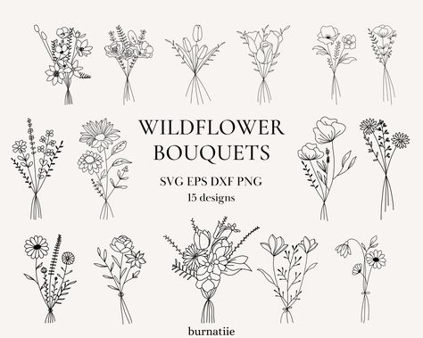 Floral Bouquet Svg Bundle, Birth Month Flower, Flower Svg, Flower Bouquet, Floral Svg by burnatiie on Etsy Minimalist Bouquet, Bouquet Wildflower, Flower Bouquet Tattoo, June Flower, Drawing Minimalist, Bouquet Tattoo, Floral Svg, Hand Drawn Wedding, Floral Border Design