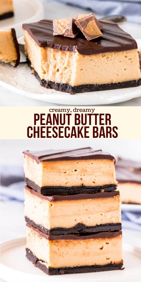 Peanut Butter Cheesecake Bars, Cheesecake Squares, Oreo Cookie Crust, Oreo Crust, Peanut Butter Cheesecake, Peanut Butter Desserts, Cream Cheese Cookies, Cheesecake Filling, No Bake Bars