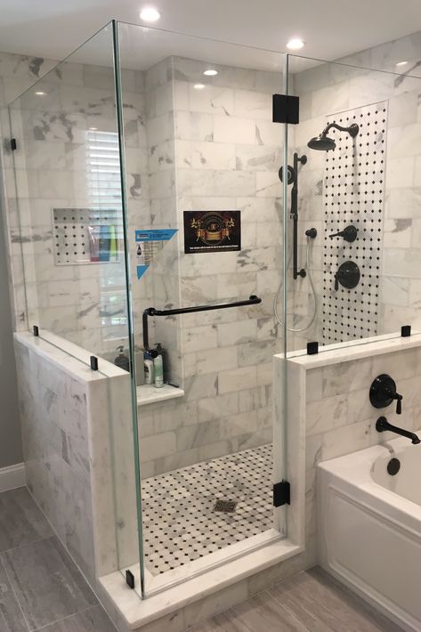 Corner Master Shower Walk In, Corner Shower Remodel Ideas, Corner Shower With Window, Shower With Sauna, Corner Walk In Shower Ideas, Neo Angle Shower Ideas, Corner Shower Remodel, Corner Shower Ideas, Corner Shower Door