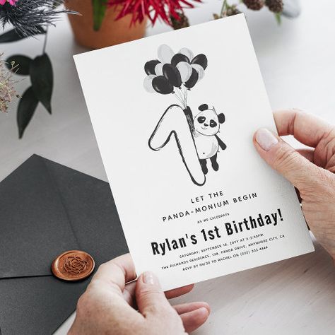 $2.92 - Minimal Black & White Panda 1st Birthday Party - panda themed birthday, black and white, panda bears, party like a panda, boy birthday invitation, girl birthday invitation, one, 1st birthday party invitation, first birthday party, minimal cute fun trendy Panda Theme 1st Birthday Party, Panda Themed Birthday Party, Panda Birthday Theme, Panda Birthday Party Decorations, Panda Birthday Invitations, Panda Birthday Party, 92nd Birthday, Panda Baby, Panda Birthday