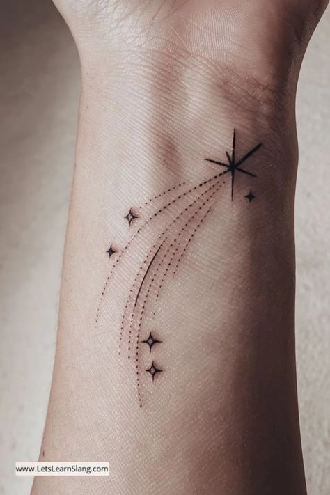 Simple shooting star tattoo on a wrist. Fancy Star Tattoo, Stardust Hand Tattoo, Floral Star Tattoo, Simple Celestial Tattoo, Star Wrist Tattoos For Women, Simple Galaxy Tattoo, Star Tattoos For Women, A Star Tattoo, Starlight Tattoo