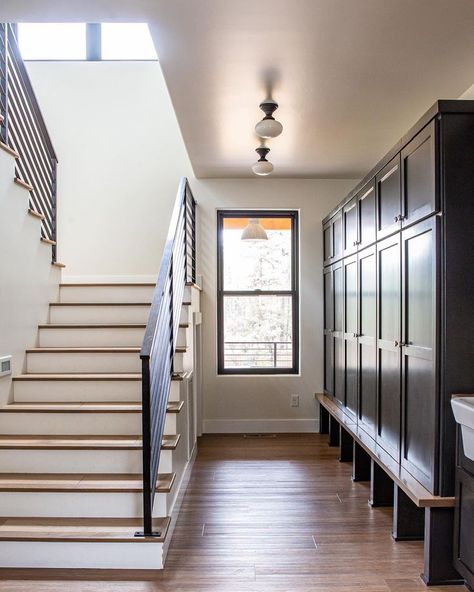 This staircase and these cabinets keep this mudroom looking tidy, simple and elevated. Staircase Office, Commercial Office Space, Prescott Az, Drop Zone, Room Renovation, Commercial Office, Built In Cabinets, Mud Room, Office Spaces