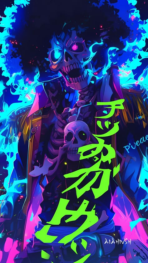 🔺 FULL VIEW ZOOM IN/OUT🔺 Brook from One Piece Brook in a neon effect. . Brook, the musician of the Straw Hat Pirates, is a living skeleton who ate the Revive-Revive Fruit. Known as the "Soul King," Brook's music can heal and inspire. His loyalty and humor make him a beloved character in One Piece. . Follow @aianivsn for more! . Like and share it with your friends. Make sure you comment and save. . . . . #brook #onepiece #strawhatpirates #soulking #onepieceanime #onepiecemanga #a... One Piece Christmas, Anime Shopping, One Piece Brook, Brook One Piece, Soul King, The Straw Hat Pirates, Neon Effect, One Piece Crew, Straw Hat Pirates