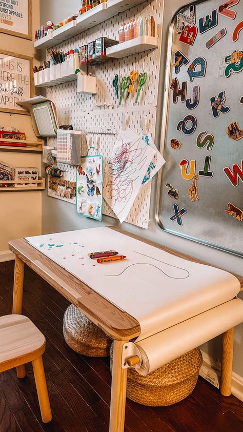 Kids Art Area, Kids Art Station, Kids Art Space, Kids Art Table, Kids Craft Tables, Ikea Flisat, Minecraft Basement, Kids Art Studio, Kids Rooms Inspo