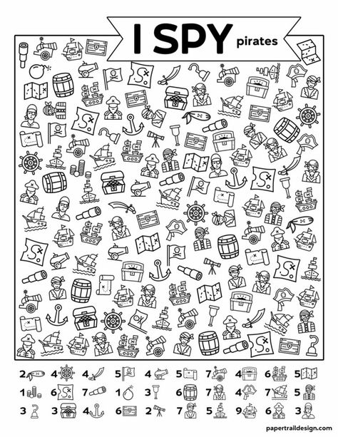 Yarrrr. Use this pirate themed I spy game as a fun indoor activity for kids while you are stuck at home. #papertraildesign #pirates #piratetreasure #kids #kidsactivity #bored #boredombusters Pirate Worksheets Free Printable, Hidden Picture Puzzles, Pirate Coloring Pages, Paper Trail Design, Pirate Activities, Summer Worksheets, Pirate Crafts, I Spy Games, Spy Games