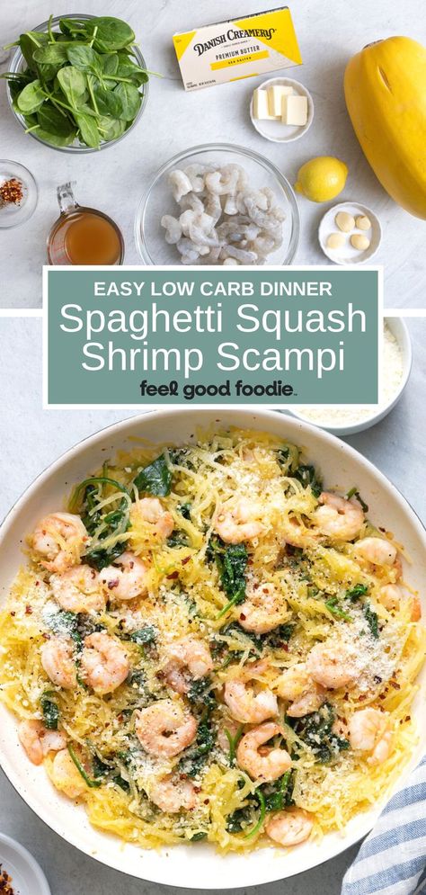 Spaghetti Squash Shrimp Scampi is the perfect easy weeknight meal! Full of rich bright flavors, it's comfort food without the carbs! | #Sponsored | #DanishCreamery | Low Carb Dinner Ideas | Shrimp Recipes | Spaghetti Squash Recipes | Low Carb Recipes Shrimp Alfredo Spaghetti Squash, Spaghetti Squash Shrimp Recipes, Shrimp Scampi Spaghetti Squash, Spaghetti Squash Recipes Shrimp, Squash Recipes Low Carb, Low Carb Spaghetti Squash Recipes, Shrimp And Spaghetti Squash, Dinner Ideas Shrimp, Shrimp Spaghetti Squash