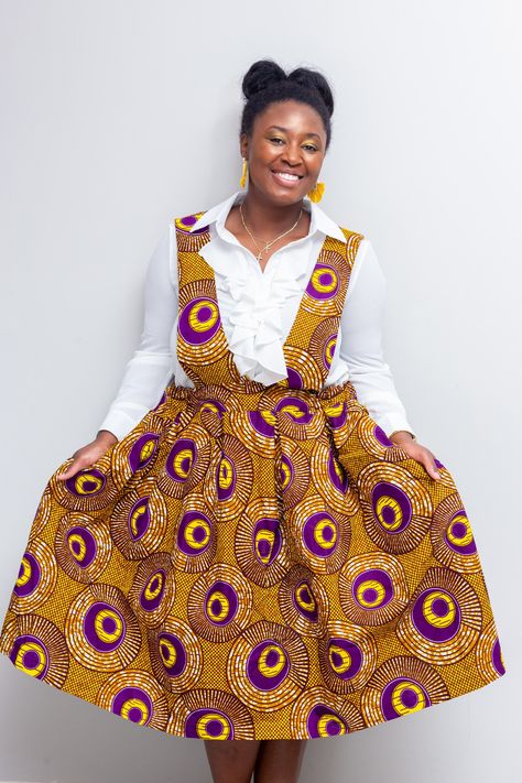 Fun, timeless and classy Ankara Pinafore dress!  Designed with maximum comfort in mind, this dress comes with an expandable elastic waist. Pair it with any shirt, blouse or tube tops and style it for all seasons. Made from 100% Ankara Cotton Fabric, this Pinafore dress comes lined for extra destiny. Can be customize with different fabric options. Please send us a message to receive current fabric inventory for alternative fabric options. Ankara Pinafore, Ankara Kimono Jacket, Pinafore Dress Outfit, African Print Kimono, Ankara Kimono, Ankara Gown, Ankara Gown Styles, Gown Styles, Summer Kimono