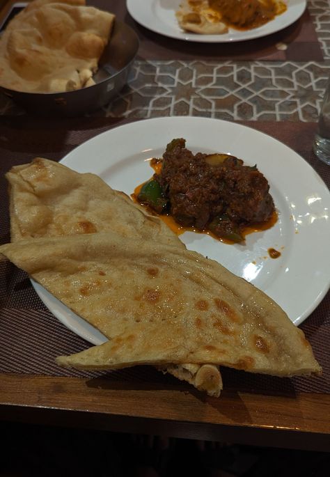 Mutton Kadai and Butter Naan, also had Tandoori Roti(Better than Naan imo). Kareems 05-07-23. Roti Snap, Butter Nan, Butter Naan, Tandoori Roti, Naan, Main Course, Butter, Quick Saves