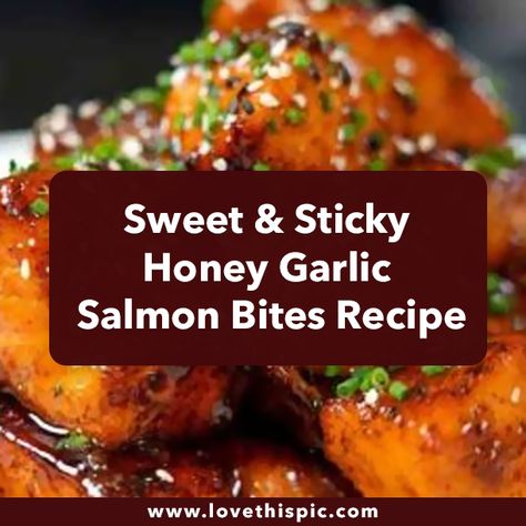 Sweet & Sticky Honey Garlic Salmon Bites Recipe Sticky Salmon Bites, Honey Salmon Bites, Honey Garlic Salmon Bites, Garlic Salmon Bites, Sticky Salmon, Salmon Bites Recipe, Salmon Bites, Honey Garlic Salmon, Honey Salmon