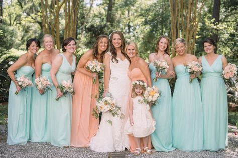 Peach and turquoise wedding bridesmaids dresses and bouquets August Wedding Colors, Aqua Bridesmaid Dresses, Peach Wedding Colors, Teal Wedding Colors, Peach Bridesmaid, Peach Bridesmaid Dresses, Teal Bridesmaid, Charleston Bride, Mint Bridesmaid Dresses