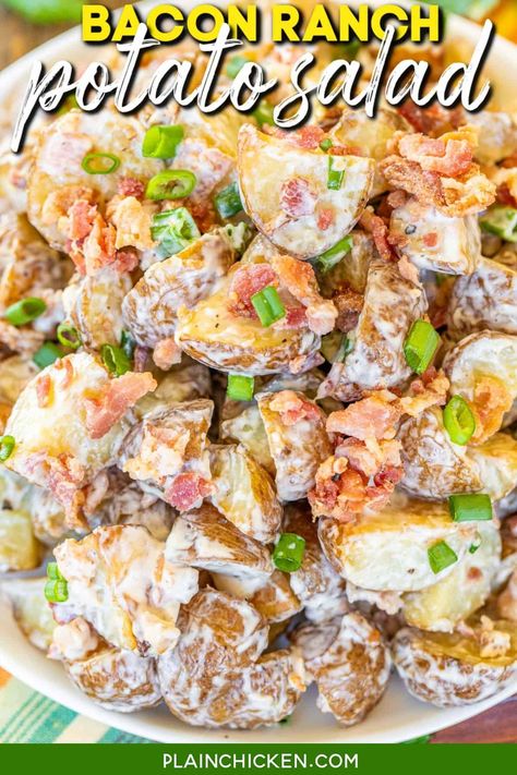 Bacon Ranch Potato Salad - our favorite potato salad recipe! Super simple to make and tastes great! Red potatoes roasted in olive oil and tossed in bacon, green onions, and ranch dressing. Can make in advance and refrigerate until ready to serve. Great for cookouts and potlucks. Whip up a batch ASAP! You won't be disappointed! Red Potatoes Roasted, Plain Chicken Recipe, Bacon Ranch Potato Salad, Chicken And Pastry, Ranch Potato Salad, Bacon Ranch Potatoes, Potatoes Roasted, Bacon Potato, Potato Salad Recipe