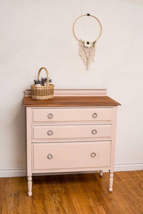 This petite dresser has been finished in Annie Sloan Paint in a custom color mix of Antoinette and Cream. The color is a soft, blush pink with a smooth clear wax finish. The top is stripped and sealed with clear wax for a buttery smooth finish. Living Room Old Fashioned, Pink Painted Dresser, Pink Chest Of Drawers, Pink Painted Furniture, Paint 2023, Painting Restoration, Dresser Inspiration, Pink Chalk Paint, 2023 Apartment