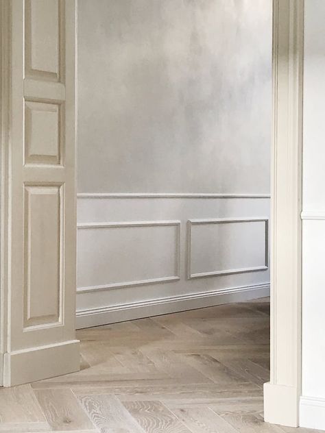 Moth Limewash With Wainscoting, Grey Wash Wall, Modern Wainscoting Hallway, Limewash Walls With Molding, Grey Limewash, Limewashed Walls, Limewash Wall, Lime Wash Paint, Lime Wash Walls