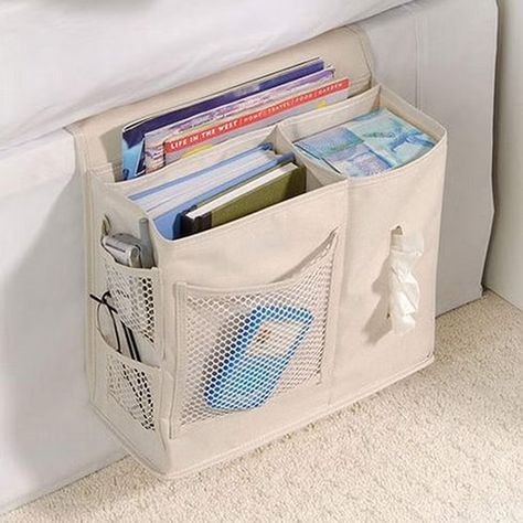 Use a Bedside Caddy Bedside Pocket, Hanging Storage Pockets, Bed Organiser, Bedside Caddy, Bedside Organizer, Closet Planning, Magazine Storage, Rv Organization, Custom Baggers