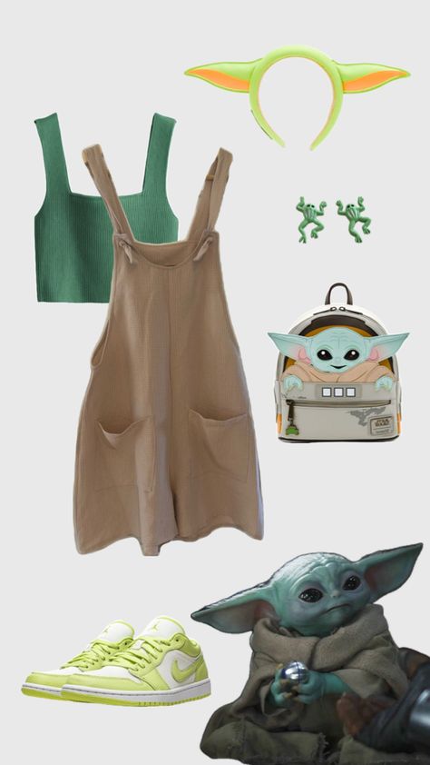 Baby Yoda outfit, Grogu costume, Disney bound, Mandalorian, theme park outfit, Halloween, frog earrings, Loungefly bag, Yoda ears Grogu Costume, Yoda Halloween Costume, Yoda Ears, Theme Park Outfit, Halloween Frog, Yoda Costume, Park Outfit, Frog Earrings, Theme Park Outfits