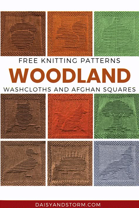 Free Woodland Themed Dishcloth and Afghan Squares Knitting Patterns Fun Knitting Patterns, Knit Dishcloth Pattern Free, Knit Square Patterns, Daisy And Storm, Diy Macrame Projects, Knitted Squares Pattern, Knit Squares, Harry Potter And Friends, Knitted Dishcloth Patterns Free