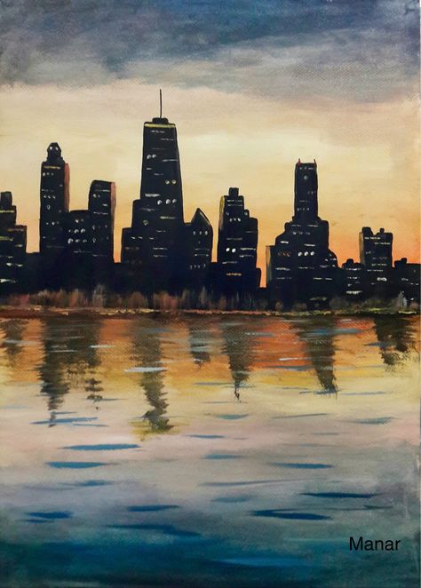 #sky #city #silhouettes #chicago #sea #sunset #sunsetpainting #oil #oilpaintings #reflection #skyscrapers#black Chicago Painting, City Scape Painting, Oil Pastel Landscape, Skyline Drawing, Cityscape Drawing, Sunset Canvas Painting, Sky City, Reflection Painting, Skyline Painting