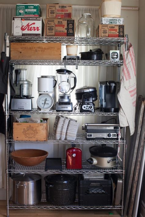 Practical open shelving (Simple Bites Kitchen Tour) #storage #shelves #kitchen #organizing Metal Kitchen Shelving, Metal Shelves In Kitchen, Kitchen Organization Shelves, Storage Categories, Metal Shelves Kitchen, Industrial Metal Shelving, Industrial Kitchens, Appliance Storage, Garage Organizing