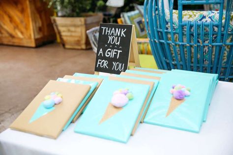 Julien's Ice Cream Party Brunch | CatchMyParty.com Birthday Ice Cream Theme, Ice Cream Theme Birthday Party, Summer Ice Cream Party, Tiffany Birthday Party, Ice Cream Party Favors, Ice Cream Invitation, Combined Birthday Parties, Ice Cream Party Theme, Ice Cream Birthday Cake