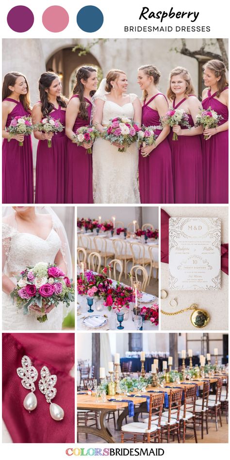 Raspberry And Blue Wedding, Raspberry Wedding Color, Magenta Wedding Colors, Greenery Bouquet Wedding, Berry Bridesmaid Dresses, Barker Wedding, Blue Wedding Napkins, Raspberry Flowers, Raspberry Bridesmaid Dresses