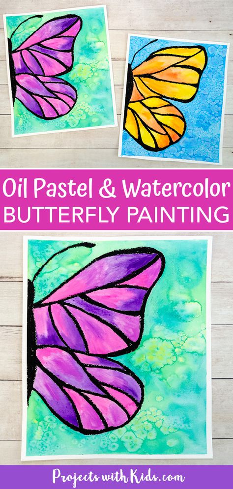 This beautiful watercolor butterfly painting combines oil pastels and watercolors. Kids will learn easy watercolor techniques to create this wow-worthy art! #projectswithkids #watercolorpainting #kidsart Butterfly Painting For Kids, Oil Pastel And Watercolor, Spring Art Projects, 3rd Grade Art, Watercolor Butterfly, Oil Pastel Art, Oil Pastel Drawings, Adorable Bunny, Elementary Art Projects