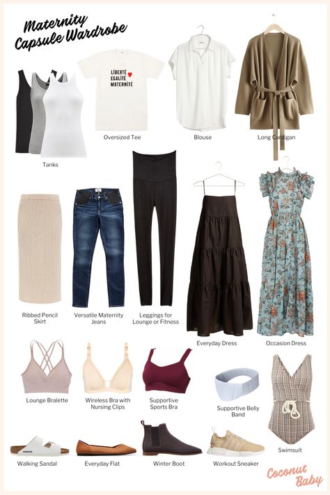 Being inside a body that is constantly morphing into a new shape can be challenging. Rather than buy cheaply made maternity wear that you don’t love and doesn't make you feel good, invest early in a few key pieces that will get you through nine months and beyond. Here's 18 essential items we loved while pregnant. #Pregnancy #Maternity #MaternityStyle Pregnancy Capsule Wardrobe, Elegant Capsule Wardrobe, Maternity Capsule Wardrobe, Pieces Of Clothing, Stylish Maternity Outfits, Maternity Style, Stylish Maternity, Pregnancy Outfits, Nine Months