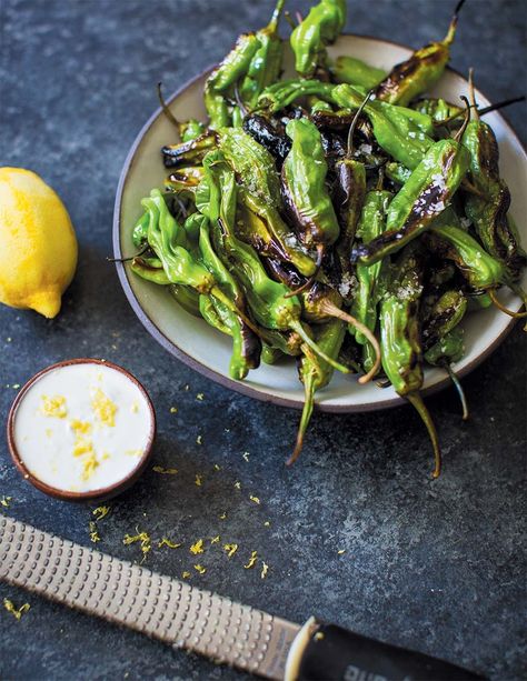 Blistered Shishito Peppers with Whipped Goat Cheese - Edible Dallas and Fort Worth Peppers With Goat Cheese, Goat Cheese Sauce, Blistered Shishito Peppers, Shishito Pepper, Asparagus Tart, Goat Cheese Dip, Shishito Peppers, Whipped Goat Cheese, Green Goddess Dressing