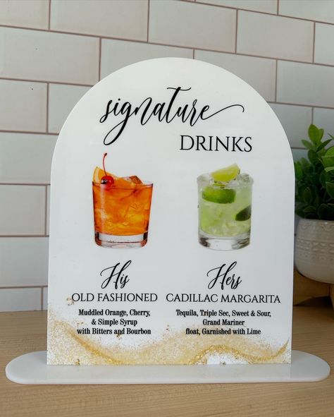 His And Hers Cocktails, His And Hers Drinks, Drinks Station, Wedding Drink Station, Cocktail Station, Signage Wedding, Drinks Sign, Wedding Signature Drinks, Engagement Dinner