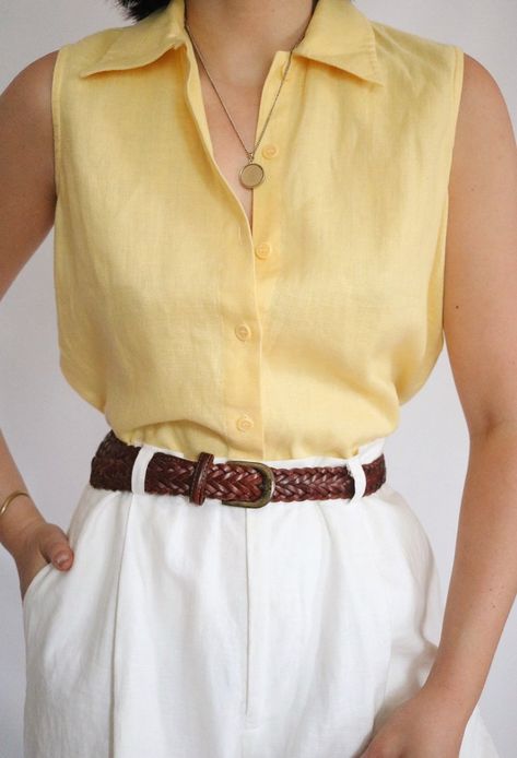 Vintage Yellow Pure Linen Blouse + White High Waisted Trousers  #style #fashion #vintage #vintagestyle #spring #springstyle #minimal #minimalism #highwaisted #trousers #yellow #linen #blouse Yellow Blouse Outfit Work, Blouse Aesthetic Outfit, Yellow Blouse Outfit, Linen Blouse Outfit, Blouse Outfit Work, White Linen Outfit, Yellow Fits, Lady L, Summer Blouse