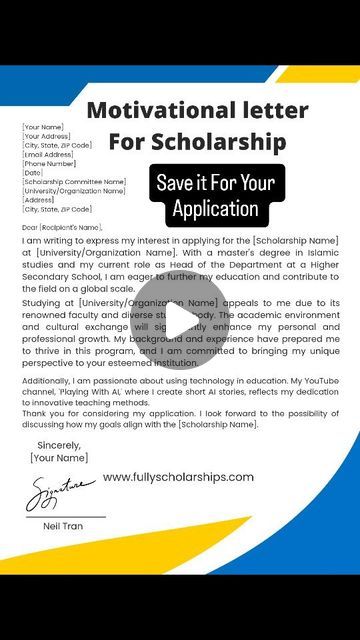 Fully Scholarships on Instagram: "Motivational Letter for Scholarship application | How to write Scholarship Motivational Letter ✉️   Follow us for more tips and updates about latest Scholarship opportunities ✈️ 🧲✌️  #scholarships #scholarshipopportunities #studyabroad #scholarship #applynow #motivation #reels" University Organization, Scholarship Application, Motivational Letter, Islamic Studies, Secondary School, Study Abroad, Follow Us, How To Apply, Education