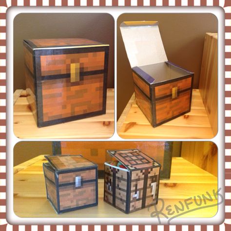 Minecraft paper chest craft. Printed chest template taped over a square box. Small chest and crafting table paper box craft. Minecraft Wooden Cube Diy, Chest Template, Minecraft Chest, Minecraft Paper, Minecraft Diy Crafts, Minecraft Storage, Minecraft Diy, Minecraft Bedroom Decor, Chests Diy