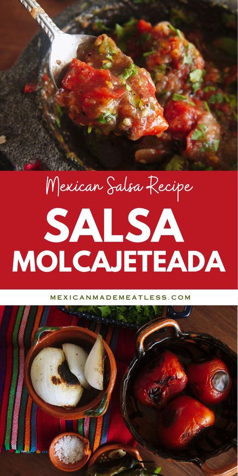 Molcajete Salsa Recipe, Mexican Salsa Recipe, Vegan Salsa, Authentic Mexican Salsa Recipe, Making Salsa, Authentic Mexican Salsa, Mexican Main Dishes, Mexican Salsa Recipes, Stone Mortar