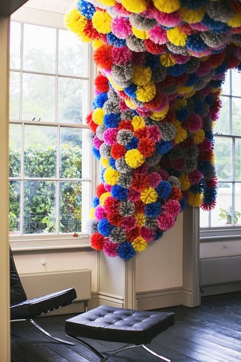 color sculpture Pom Pom Wall, Art Installation, Art Installations, Childrens Party, Window Display, Artsy Fartsy, Pom Poms, Event Decor, Textile Art