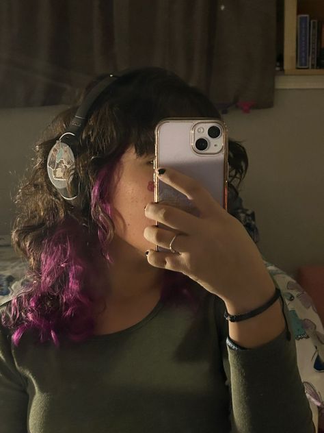 Purple Hair Back Of Head, Half Colored Hair Underneath Curly Hair, Hidden Streaks In Hair, Half Dyed Hair Curly, Curly Hair Dye Purple, Purple Hair Half Up Half Down, Purple Highlights In Brown Hair Curly, Purple Underneath Hair Curly, Two Toned Hair Underneath Curly