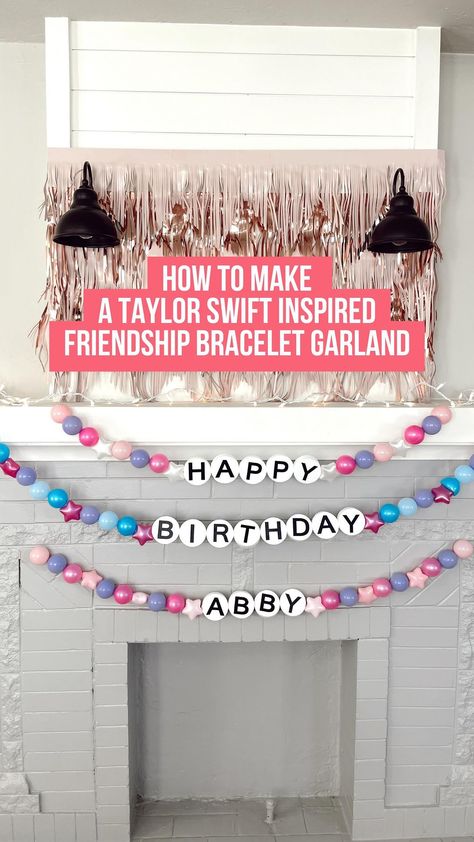 Abby Peek | How to make a Taylor Swift inspired friendship bracelet garland for your party or just for fun Swiftie home decor! Everything I used to… | Instagram Trunk Or Treat Ideas Taylor Swift, Taylor Swift Themed Trunk Or Treat, Taylor Swift Bday Decoration, Swiftie Trunk Or Treat, 22 Taylor Swift Bracelet, Friendship Bracelet Decor, Trunk Or Treat Taylor Swift, Taylor Swift Halloween Decorations, Taylor Swift Tablescape