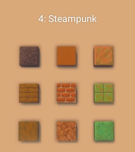 Building Palette for Minecraft, Steampunk Edition Steampunk Palette, Copper Palette, Minecraft Building Guide, Minecraft Welten, Minecraft Create, Minecraft Steampunk, Minecraft Blocks, Minecraft Structures, Minecraft Banners