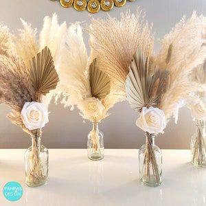 Pampas Dinner Table Decor, Feather And Roses Centerpieces, Decoration With Pampas, Engagement Party Floral Centerpieces, Simple Pampas Centerpiece, Pampas Grass In Mason Jar, Boho Fall Bridal Shower Decorations, Small Pampas Centerpiece, Boho Birthday Party Table Decor