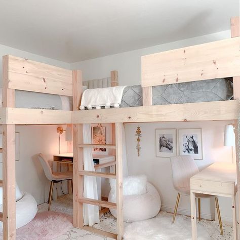 25 Loft Bed Ideas for Kids Corner Double Loft Bed, Twin Loft Bed Ideas, Diy Double Loft Bed, Double Loft Beds For Small Rooms, Twin Loft Bed Ideas For Small Rooms, Boho Bunk Bed Ideas, Twin Bed Aesthetic, Loft Bed Ideas For Kids, Diy Loft Bed For Kids