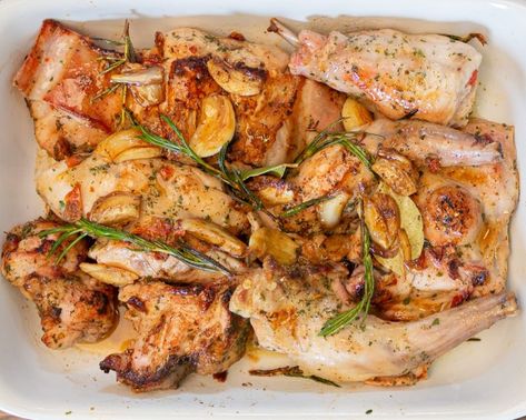 Tender & Juicy Roasted Rabbit Recipe - Delice Recipes Roasted Rabbit Recipe, Easy Rabbit Recipe, Roasted Rabbit, Roast Rabbit, Rabbit Recipe, Rabbit Recipes, Hot Sandwich Recipes, Rabbit Dishes, Blue Cheese Sauce